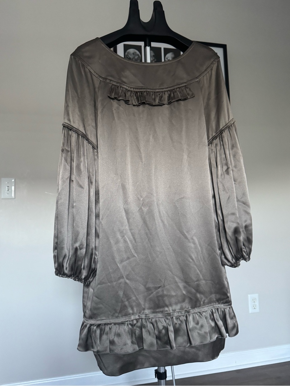 Stella McCartney Satin Ruffle Long-Sleeve Mini Dress - Taupe Size 6-8